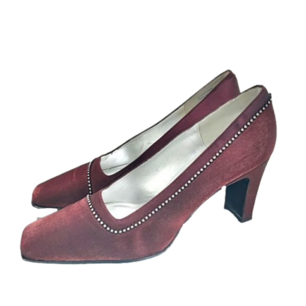 Shimmery Burgundy Red Satin Square Toe 3" Heel w/ Crystals Sz 10 Valerie Stevens